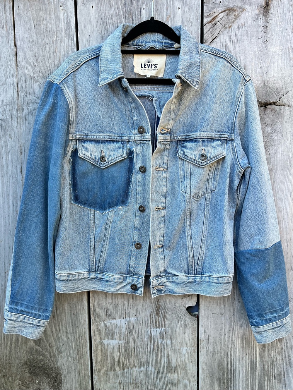Levi's deconstructed 2 tone light medium wash blue denim patchwork button jacket